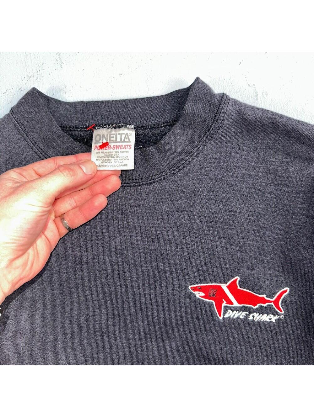 Oneita Shark Sweatshirt L 1990s VTG Crewneck Dive Swim Black Ocean Rap Fish